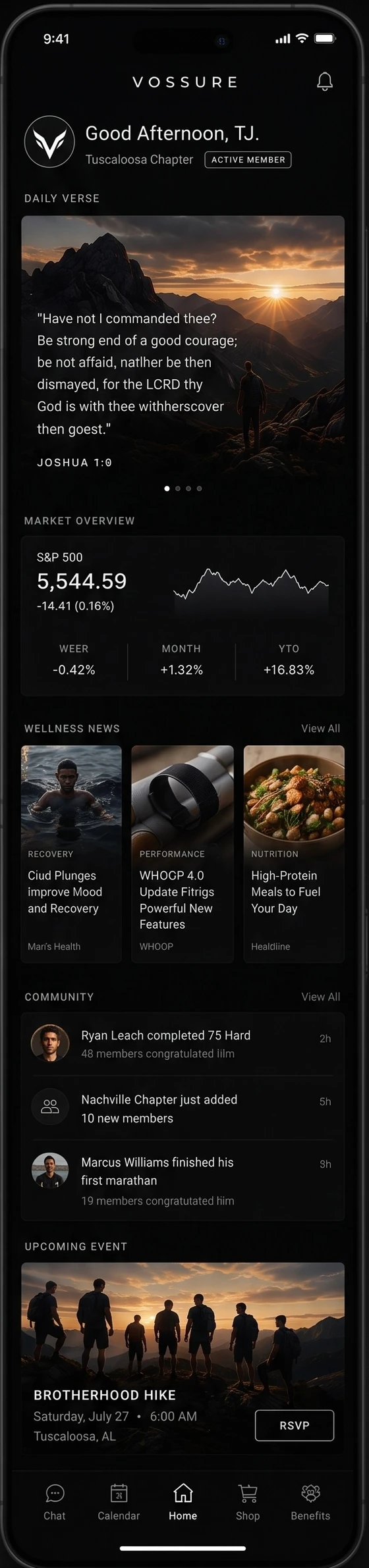 Vossure app home screen showing daily verse, community updates, and an upcoming brotherhood hike